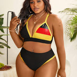 Swim Vcay Conjunto de bikini con escote en V y bloques de color para tallas grandes, ideal para vacaciones en la playa de verano