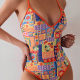 Swim Traje de bano de una pieza para mujer con estampado de frutas con borde de paquete y correas de hombro para las vacaciones de verano en la playa