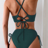 Conjunto de bikini simple de costilla solida de color para mujer para vacaciones