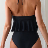 Swim Chicsea Parte superior de tankini de cuello halter con lazo en la espalda y dobladillo con volantes para mujeres de playa en verano, con fondo de bano a juego