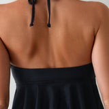 Swim Chicsea Parte superior de tankini de cuello halter con lazo en la espalda y dobladillo con volantes para mujeres de playa en verano, con fondo de bano a juego