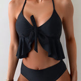 Swim Chicsea Parte superior de tankini de cuello halter con lazo en la espalda y dobladillo con volantes para mujeres de playa en verano, con fondo de bano a juego