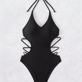 Swim Traje de bano femenino de monokini sin espalda con cuello halter hueco y un unicolor