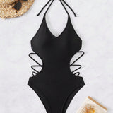 Swim Traje de bano femenino de monokini sin espalda con cuello halter hueco y un unicolor