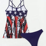 Swim Lushore Conjunto de traje de bano Tankini de verano con estampado de bandera americana y estampado aleatorio
