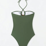 Swim Traje de bano de una pieza para vacaciones de verano en la playa con cuello halter, ajuste delgado y detalles ahuecados