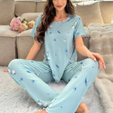 Conjunto de pijama para mujeres con estampado floral, manga corta y pantalon largo