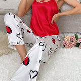Conjunto de pijama para mujeres con tirantes cruzados y solido color de verano, camisola y pantalon largo con estampado de corazones