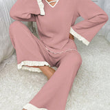 Conjunto de pijama de mujer con cuello en V, parte superior de manga larga y pantalon largo con detalles de bloque de color