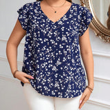 Clasi Camisa casual diaria de a grande con estampado floral, cuello en V y dobladillo con volantes para primavera/verano