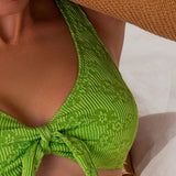 Conjunto De Bikini De Color Solido Con Cuello Halter Y Nudos En La Parte Delantera, Para Vacaciones En La Playa