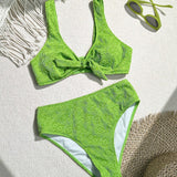Conjunto De Bikini De Color Solido Con Cuello Halter Y Nudos En La Parte Delantera, Para Vacaciones En La Playa