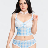 ROMWE Kawaii Conjunto de ropa interior con estructura de soporte, pequeno elemento de ajuste de encaje de cuadros fresco, lenceria seductora que no debe perderse.