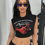 ICON Camiseta de tirantes sin mangas para mujer con estampado de guitarra y eslogan en el cuello redondo, ideal para festival de musica Y2K en verano.