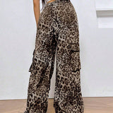 Coolane Pantalones casuales de trabajo plisados con estampado de leopardo y cierre frontal con cremallera