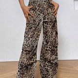 Coolane Pantalones casuales de trabajo plisados con estampado de leopardo y cierre frontal con cremallera