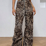 Coolane Pantalones casuales de trabajo plisados con estampado de leopardo y cierre frontal con cremallera