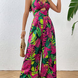 VCAY Vacation Style Botanical Printed Women\ Spaghetti Strap Jumpsuit