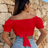 SXY Camisa corta y ajustada en unicolor, estilo off-shoulder con diseno cruzado para vacaciones y ocio