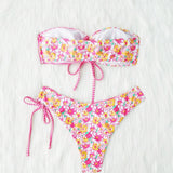 Swim Vcay Conjunto de bikini bandeau de mujer con estampado floral y tirantes desmontables, traje de bano simple y de moda para vacaciones