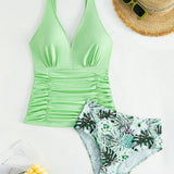 Swim Vcay Conjunto de traje de bano tankini con pliegues en unicolor para mujeres que incluye una camiseta sin mangas con diseno de plantas tropicales en la Bottom del triangle (estampados aleatorios)