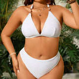 Conjunto de bikini de talla grande con espalda descubierta, de unicolor con cadena de metal y estilo halter para el verano.