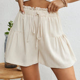 VCAY Pantalones cortos simples de unicolor para mujer con bordes de hongos y cordon decorativo