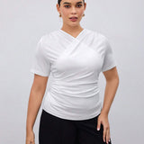 BIZwear Plus Size Women's Summer Solid Color Overlap V-Neck Short Sleeve Casual Pleated T-Shirt