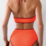 Swim Conjunto de bikini de cuello halter con bloqueo de color y ribeteado para playa de verano