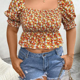 Frenchy Blusa de manga corta con cuello cuadrado con diseno de estampado floral pequeno con corte y volantes en el dobladillo para la temporada de vacaciones de verano y ropa casual, a plus