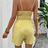 VCAY Solid Color Shirred Waist Strap Romper For Summer