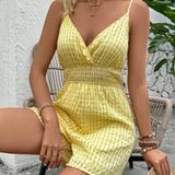 VCAY Solid Color Shirred Waist Strap Romper For Summer