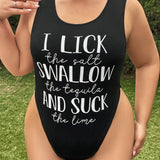 Body sin mangas casual de a grande para mujer con cuello redondo y estampado de lema para verano