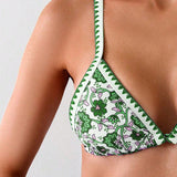 Swim Sujetador De Bikini Impreso Verde Para Mujeres, Patron Aleatorio