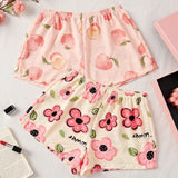 2 piezas/Conjunto Pantalones cortos de dormir casuales para mujer con estampado de durazno y flores para el verano