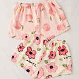 2 piezas/Conjunto Pantalones cortos de dormir casuales para mujer con estampado de durazno y flores para el verano
