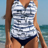 Swim Lushore Conjunto de tankini de playa de verano para mujer con estampado aleatorio de arboles de coco y diseno cruzado