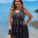 Swim Lushore Conjunto de traje de bano Tankini de talla grande con estampado floral y parches para playa