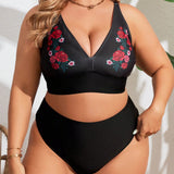 Swim Curve Conjunto de tankini de talla grande con estampado floral, escote en V profundo y parte inferior separada, traje de bano para el verano