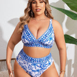 Swim Vcay Conjunto de bikini separado para playa de verano Plus Size con estampado completo y sujetador con bikini inferior