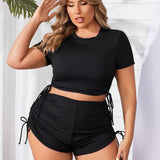 Swim Curve Conjunto de tankini solido moda playa verano para mujeres de talla grande con cordon lateral