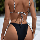 Swim Conjunto de bikini para playa de verano en blanco y negro tejido con decoracion y lazos laterales para mujer