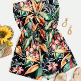VCAY Holiday Summer Jacquard Black Background Green Leaves Pink Floral Print Strapless Bandeau Romper For Women