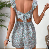 VCAY Ladies" Summer Vacation Floral Print Backless Halterneck Jumpsuit With Ruffled Hem