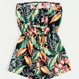 VCAY Holiday Summer Jacquard Black Background Green Leaves Pink Floral Print Strapless Bandeau Romper For Women