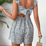 VCAY Ladies" Summer Vacation Floral Print Backless Halterneck Jumpsuit With Ruffled Hem