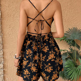 VCAY Women Floral Print A-Line Casual Spaghetti Strap Jumpsuit For Summer