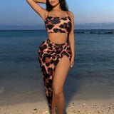 SXY Conjunto de falda de dos piezas con estampado de leopardo para atuendos de vacaciones de verano, top de tirantes y falda con abertura en el muslo