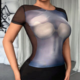 SXY Top de malla transparente para mujer con Body ajustado y manga corta.