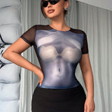 SXY Top de malla transparente para mujer con Body ajustado y manga corta.